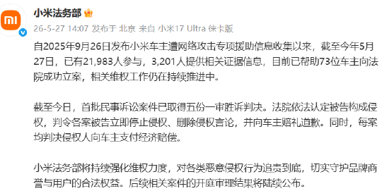 小米法务部：已助73位车主立案，获五份胜诉判决