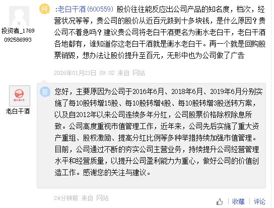 被质疑股价下跌，老白干酒回应：除权除息所致，重视市值管理工作