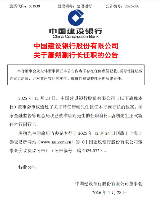 建设银行：唐朔正式就任副行长