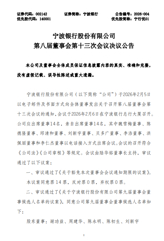宁波银行：审议通过第九届董事会董事候选人名单