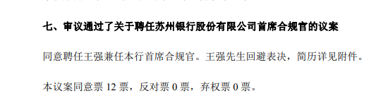 苏州银行：聘任行长王强兼任首席合规官