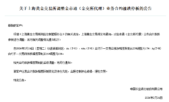 农业银行:注意金市通业务合约涨跌幅度限制变化及持仓风险