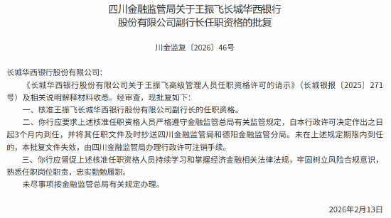 长城华西银行董事长王付彪、副行长王振飞任职资格获批