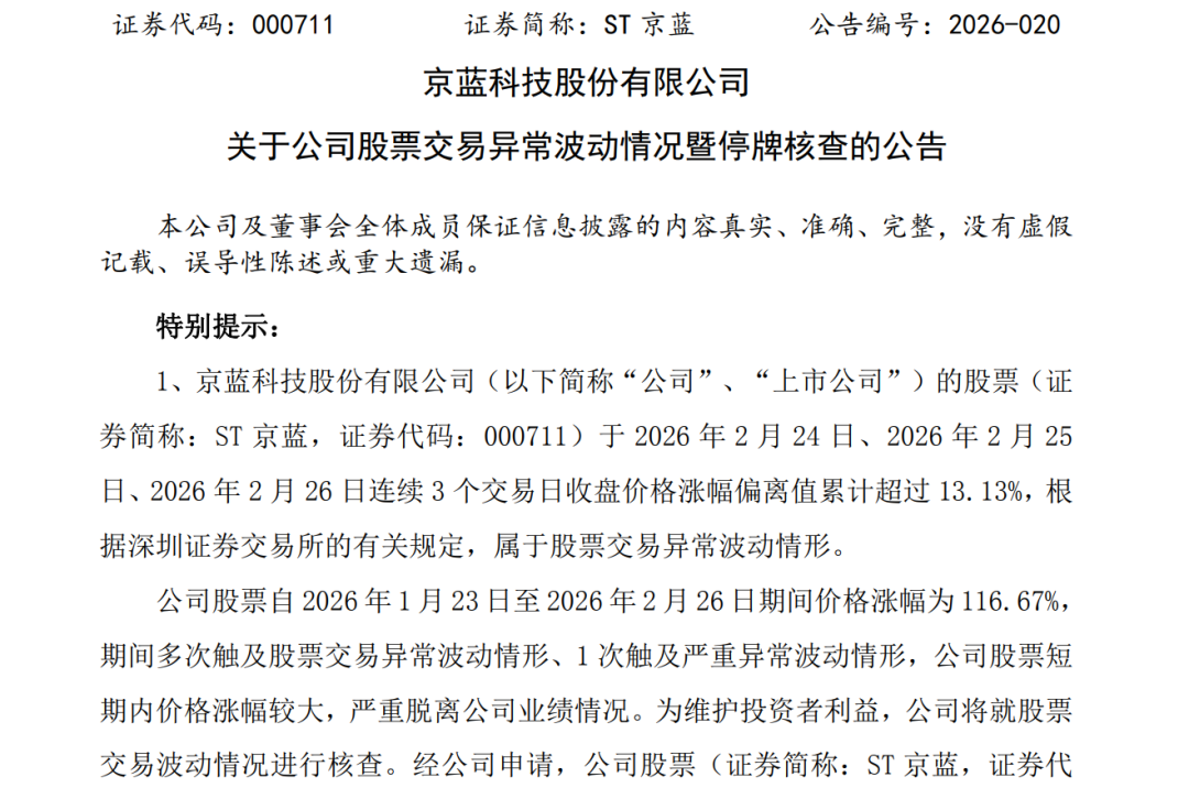 大涨117%!000711,停牌核查