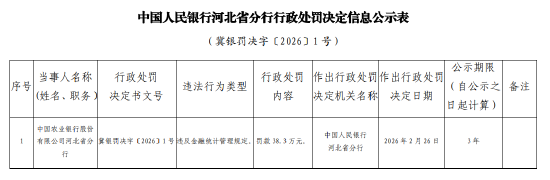 农业银行河北省分行被罚38.3万元：违反金融统计管理规定