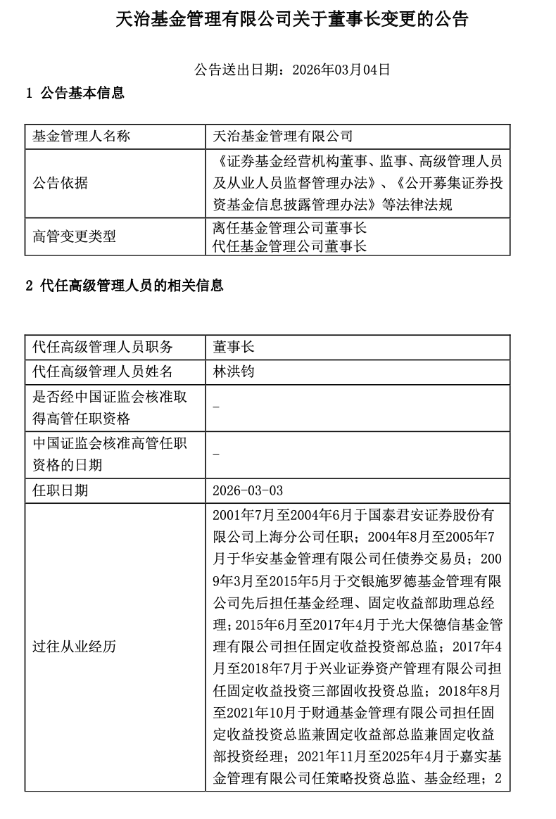 天治基金一年换两帅！柴晓秀辞任董事长，总经理林洪钧代职