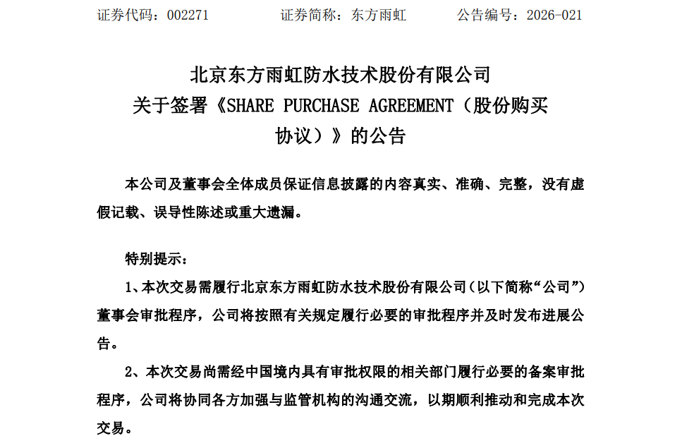 【财经】东方雨虹出海再落一子：1.45亿收购老牌企业全部股权