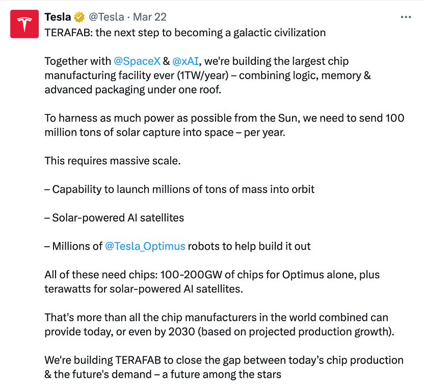 马斯克官宣史上最大造芯计划:年算力产能1太瓦,用于机器人和太空AI项目等
