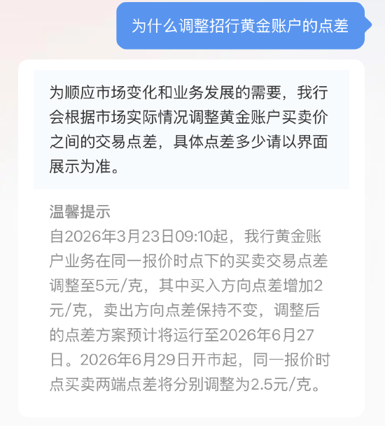 招商银行：为顺应市场变化和业务发展的需要 会根据市场实际情况调整黄金账户买卖价之间的交易点差