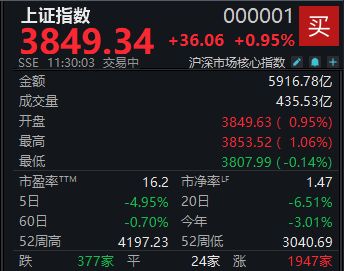 A股反弹略显分化，沪指半日涨0.95%
