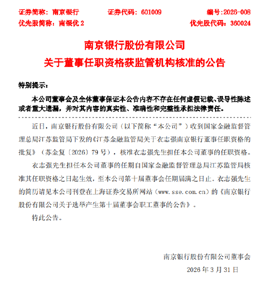南京银行：衣志强董事的任职资格获核准