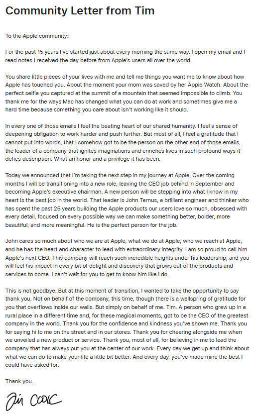突发！苹果官宣：库克9月卸任CEO，特努斯接任