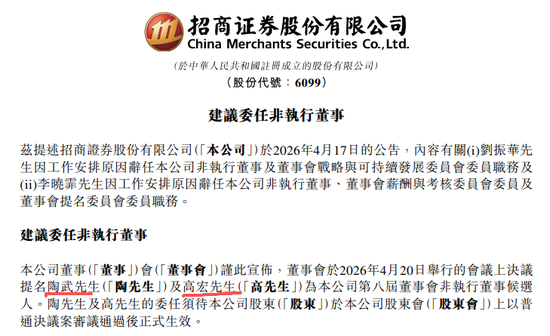陶武、高宏，获提名为招商证券董事