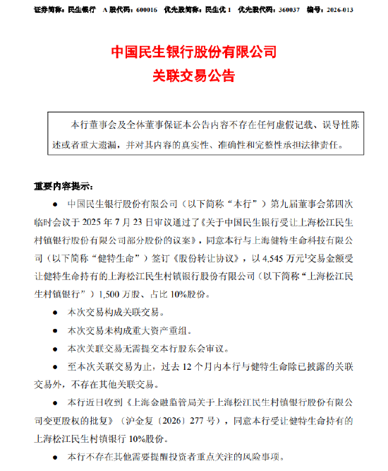 民生银行：以4545万元受让上海松江民生村镇银行10%股份