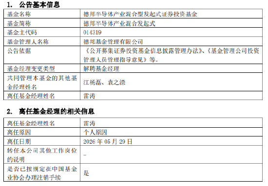 官宣！百亿基金经理雷涛挥别德邦：180亿资产交棒 接任者已就位