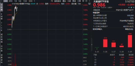 低位补涨？AI应用概念活跃，税友股份涨停，华宝基金大数据ETF（516700）盘中涨近2.4%，近4日连续吸金！